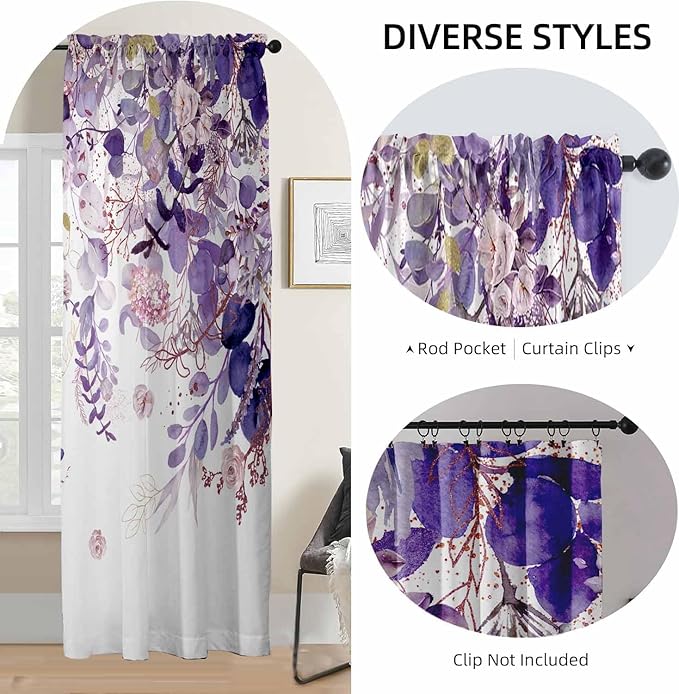 Purple Floral Sheer Curtains 84 Inch Length 2 Panels, Eucalyptus Leaves Botanical Light Filtering Privacy Semi-Sheer Vintage Curtains for Bedroom Living Room, Watercolor Flower Pink Plant Curtain