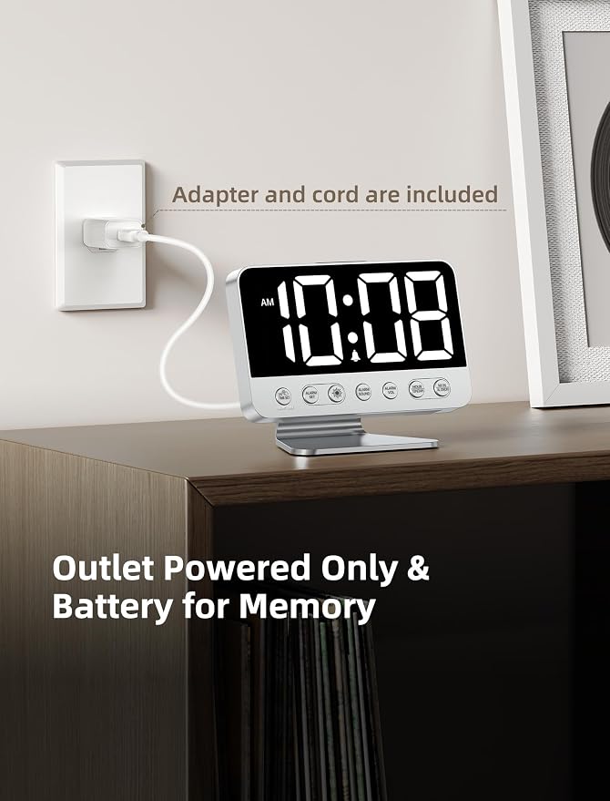 Odokee Digital Alarm Clocks for Bedrooms: Easy to Read Across The Room | Large Bold Number 5 Brightness Dimmer - 8 Night Light 5 Sound - Loud Alarm for Heavy Sleepers with Adjustable Volume - Silver - Image 6