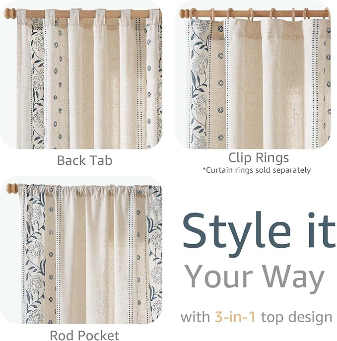 jinchan Winslow 96 Inch Curtains 4 Panel Set Embroidered Bordered Floral Curtains for Living Room Farmhouse Decor Light Filtering Window Treatments Blue on Beige Drapes 4 Panels