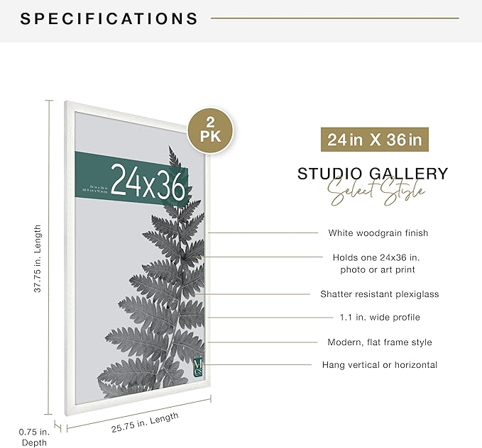 MCS Studio Gallery 24x36 Poster Frame White Woodgrain Engineered Wood, Vertical & Horizontal Wall Hanging Large Picture Frame for Photos, Posters & Art Prints (2-Pack)