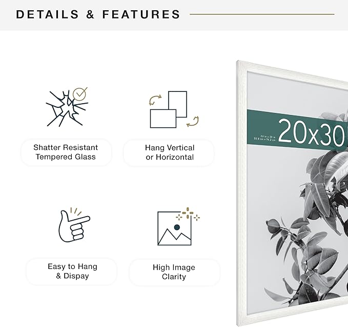 MCS Studio Gallery 20x30 Poster Frame White Woodgrain Engineered Wood, Vertical & Horizontal Wall Hanging Large Picture Frame for Photos, Posters & Art Prints (1-Pack)
