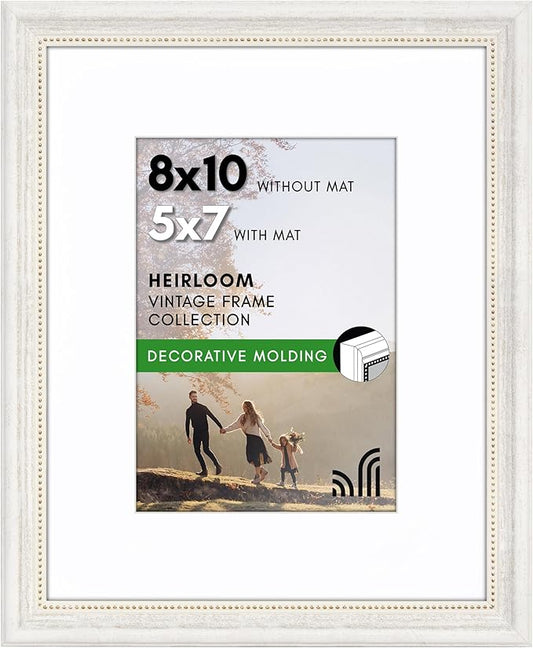 Americanflat Vintage Frames - 8x10 Picture Frame with Beaded Accents and Shatter-Resistant Glass - Use as 5x7 Frame or Display 8x10 Photos Without Mat - Heirloom Collection - White Gold