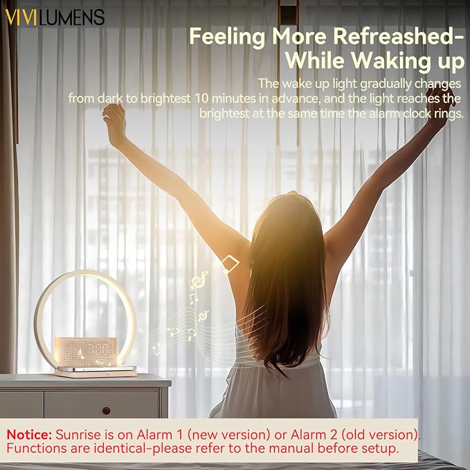 Vivilumens Sunrise Alarm Clock Wireless Charger, 10 White Noise Sound Machine Alarm Clock with 30/60/90 Mins Timer, 3 Levels Touch Night Light Dual Clocks for Heavy Sleeper Bedroom Decor Gift for Her - Image 9