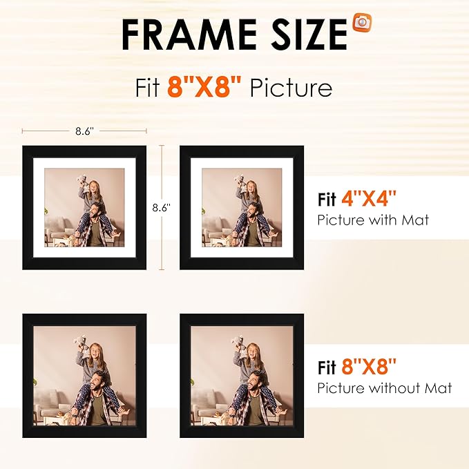 FIXSMITH 8x8 Picture Frames Set of 2, Photo Frame with HD Plexiglass, Display Pictures 6x6 with Mat or 8x8 Without Mat Multi Picture Frames Collage for Tabletop or Wall Display, Black