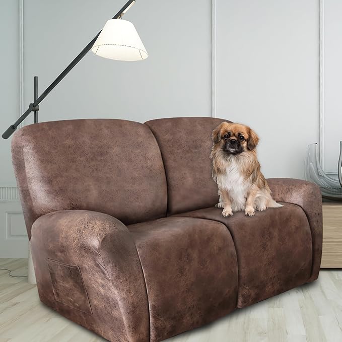 ANARACHON Loveseat Recliner Cover Leather Look Recliner Loveseat Covers Recliner Sofa Cover for 2 Seater Reclining Couch Spandex Fabric Washable 6 Pieces (2 Seater, 02 Light Brown)