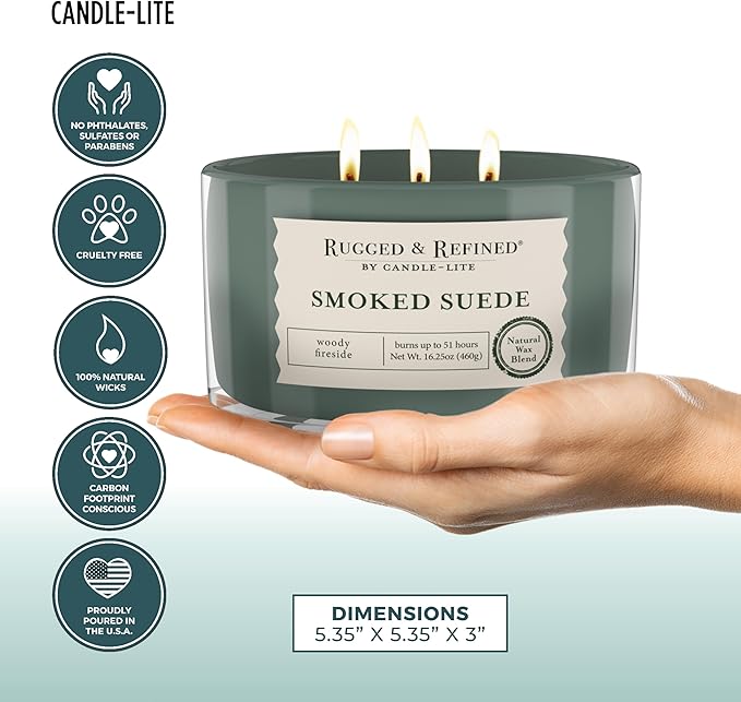 Candle-Lite Scented Candles for Men, Smoked Suede Fragrance, 16.25 oz Jar, 3-Wick, 51 Hours of Burn Time, Masculine Aromatherapy with Long Lasting Scent, Ideal Gift for Father's Day and Home Decor