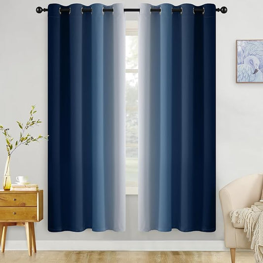 COSVIYA Grommet Ombre Room Darkening Curtains 72 inch Length 2 Panels, Blue and Grayish White Gradient Drapes Light Blocking Insulated Thermal Window Curtains for Bedroom/Living Room,52x72 inches
