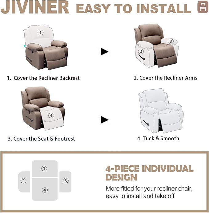 JIVINER 4-Piece Recliner Chair Covers Stretch Jacquard Covers for Reclining Chair Recliner Slipcovers for Living Room Soft Recliner Protector with Pocket (Recliner, Light Beige)