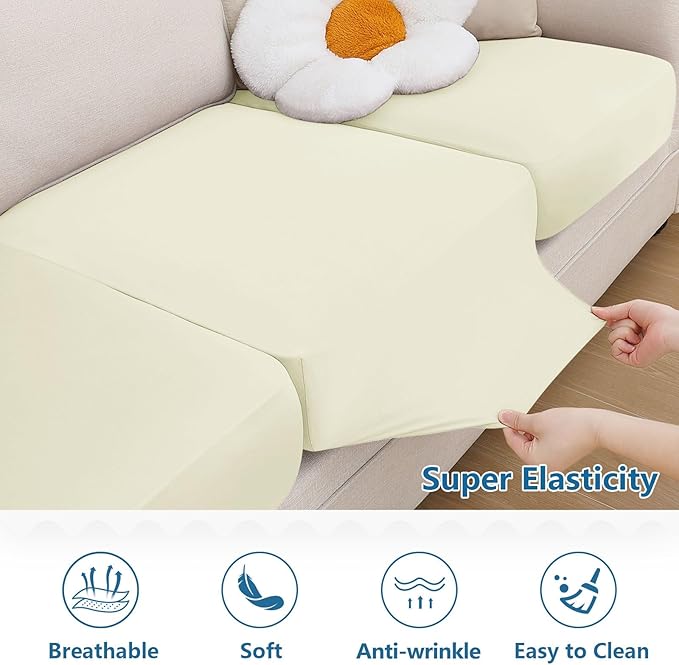 hyha Milk Silk Couch Cushion Covers, Soft Magic Sofa Covers Washable for 2 Cushion Couch, Stretch Sectional Outdoor Cushion Covers for Patio Furniture with Elastic Bottom(2 Packs, Cream)