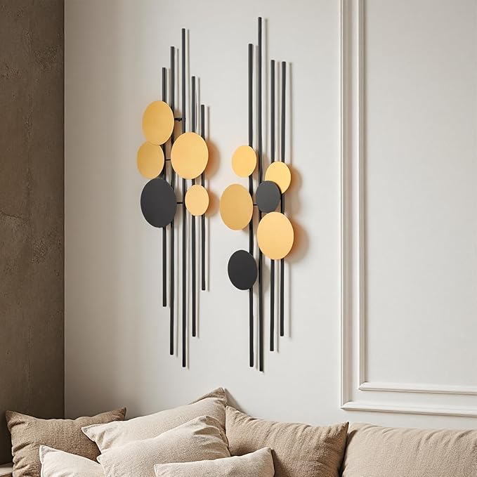 HYVAKUPPA 2 Pieces Large Metal Wall Decor 3D Modern Aesthetic Wall Sculptures 11.2''x 38.8''Luxury Geometric Circular Decor Wall Art Artwork for Bedroom Dining Living Room Wall Decorations