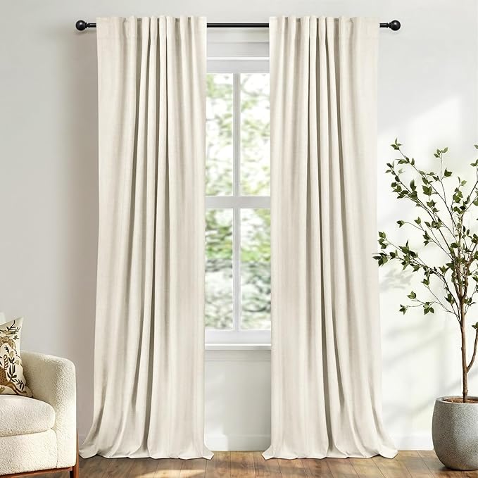 100% Blackout Shield Linen Blackout Curtains for Bedroom 84 Inches Long, Back Tab/Rod Pocket Living Room Drapes, Thermal Insulated Blackout Curtains 2 Panels Set, 50" W x 84" L, Beige White