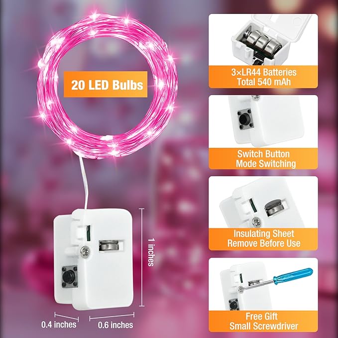 6 Pack Fairy Lights Battery Operated - 7ft 20 Led Twinkle Lights 3 Modes, Bulk Mini String Light Waterproof for Mason Jars Vases DIY Party Wedding Decoration Mothers Day- Pink