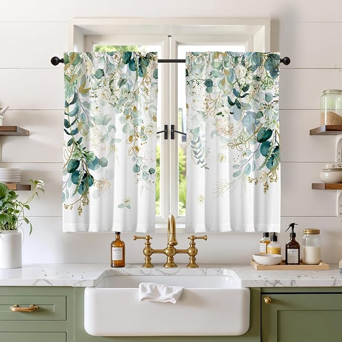 Green Eucalyptus Leaves Kitchen Curtains Elegant Wild Flower Curtains 39 Inches Sage Green Cafe Small Drapes White Floral Curtain for Bathroom RV Camper Light Filtering Rod Pocket 2 Panels