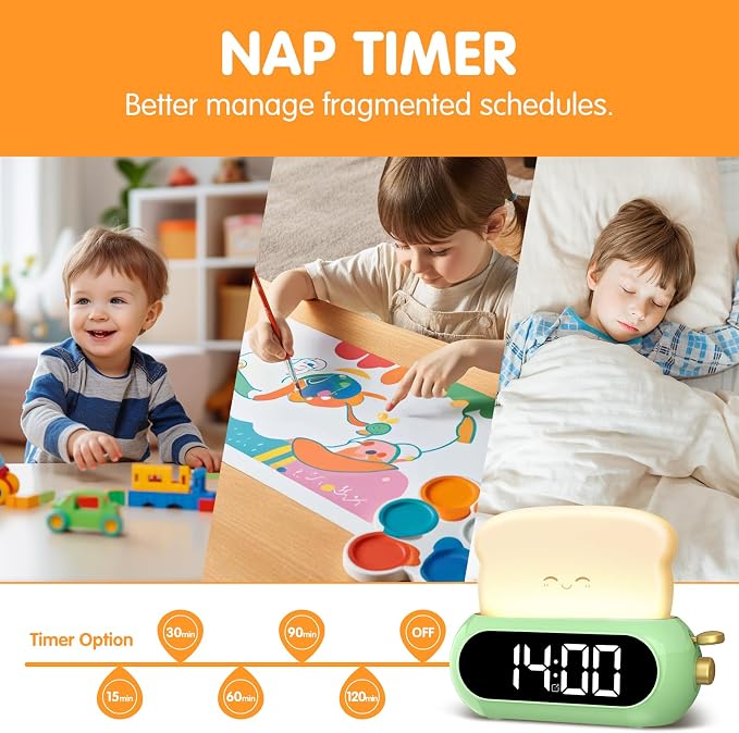 Kids Alarm Clocks for Bedroom, Cute Digital Clock with Night Light, 10 Ringtones, 10 Volumes, Nap Timer, Brightness Dimmer, Snooze, Bedside Alarm Clocks for Boys Girls Teens Birthday Gift, Plug-in Use - Image 5