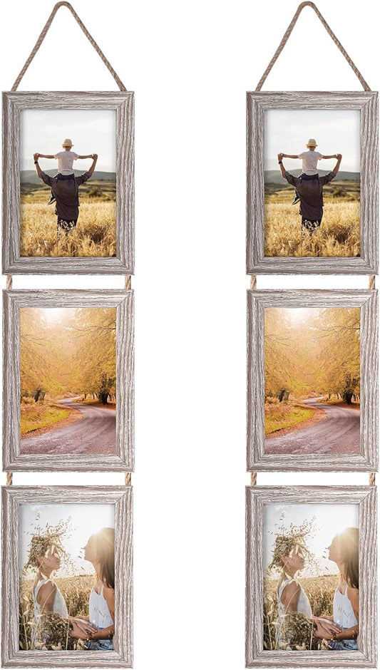 Lavezee 4x6 Collage Hanging Triple Picture Frames Set, Rustic 6 Opening Vertical Frame Made to Display 4 by 6 Inch Photo Postcard for Wall Decor