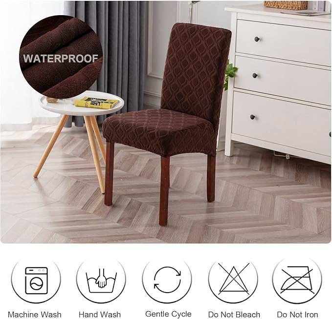 Genina Waterproof Chair Covers for Dining Room, Stretch Jacquard Dining Chair Slipcovers Removable Washable Chair Protector for Kitchen, Hotel, Restaurant (Jacquard-Chocolate, 6 PCS)