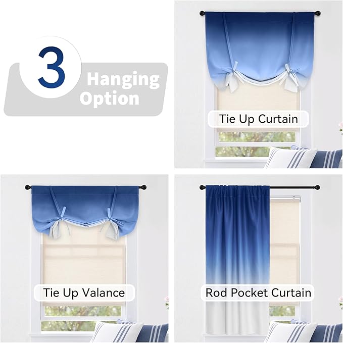 COSVIYA 100% Blackout Ombre Blue Adjustable Tie Up Curtains for Kitchen Thermal Insulated Room Darkening Valance Rod Pocket Balloon Roman Shade for Small Window,48" L x 42" W, 1 Panel