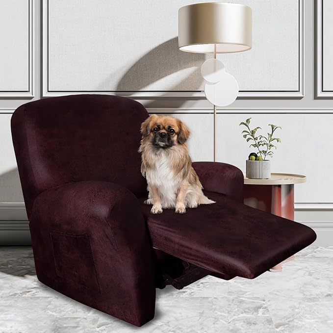 ANARACHON Leather Like Recliner Chair Covers Heavy Duty, 4 Pieces Recliner Cover for Recliner Chair, Leather Cover for Recliner slipcovers Washable for Pets (Wine)