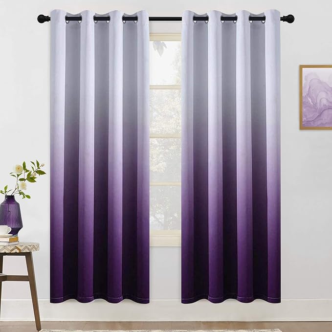 COSVIYA Grommet Ombre Room Darkening Curtains 72 inch Length 2 Panels, Gradient Drapes Purple and Grayish White Light Blocking Insulated Thermal Window Curtains for Bedroom/Living Room,52x72 inches