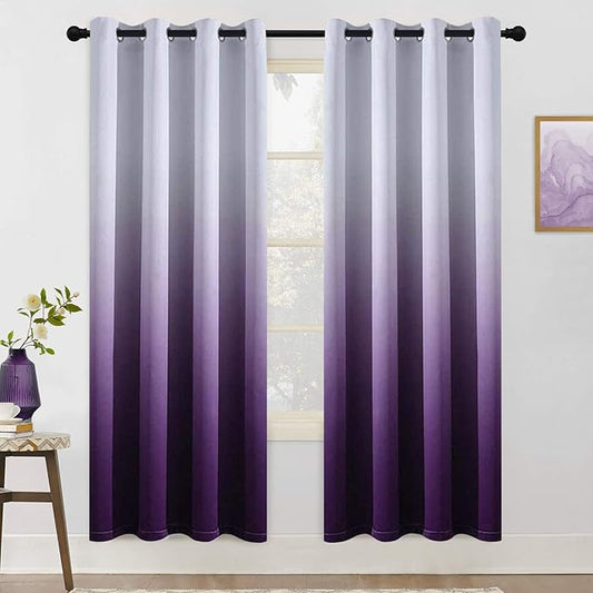 COSVIYA Grommet Ombre Room Darkening Curtains 72 inch Length 2 Panels, Gradient Drapes Purple and Grayish White Light Blocking Insulated Thermal Window Curtains for Bedroom/Living Room,52x72 inches