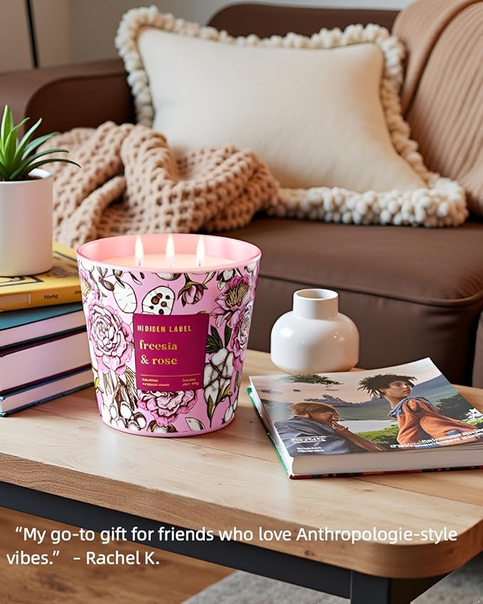 Giant Candle Freesia Rose Scented, 30oz Natural Non Toxic Soy Candles, 3 Wicks Aromatherapy Candles for Home Scented, Up to 100Hours Clean Burn,Long Lasting, Extra Large Jar Candles for Women