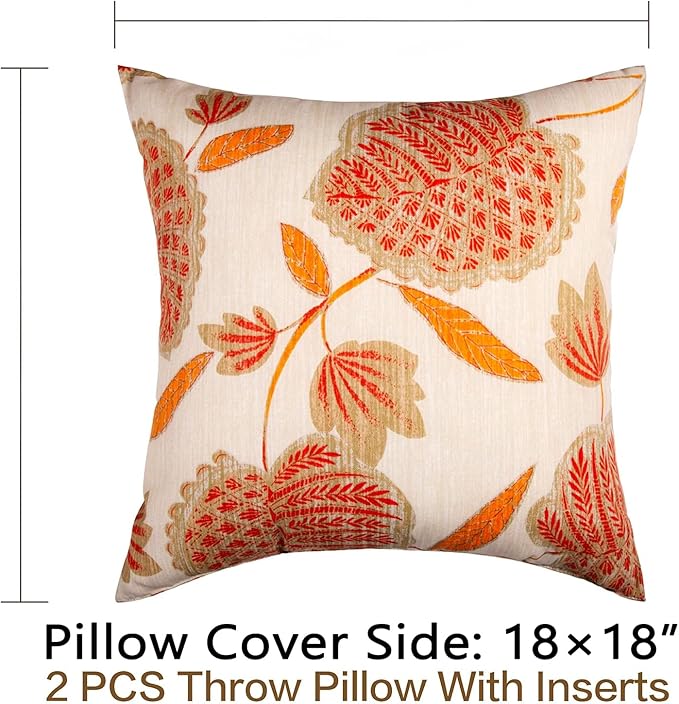 JMGBird Water-Resistant Outdoor Pillows Set of 2, 18x18 inch Durable Beige with Orange Leaf Pattern Throw Pillows with Inserts for Patio Furniture