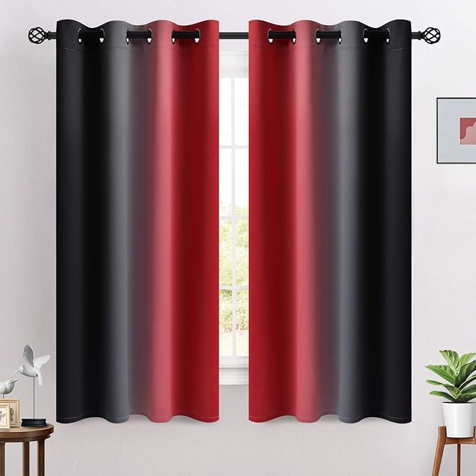 COSVIYA Grommet Ombre Room Darkening Curtains 63 inches Length for Kids Bedroom,Polyester Light Blocking Red and Black Gradient Window Drapes/Curtains for Living Room/Kitchen,2 Panels, 52x63 inches