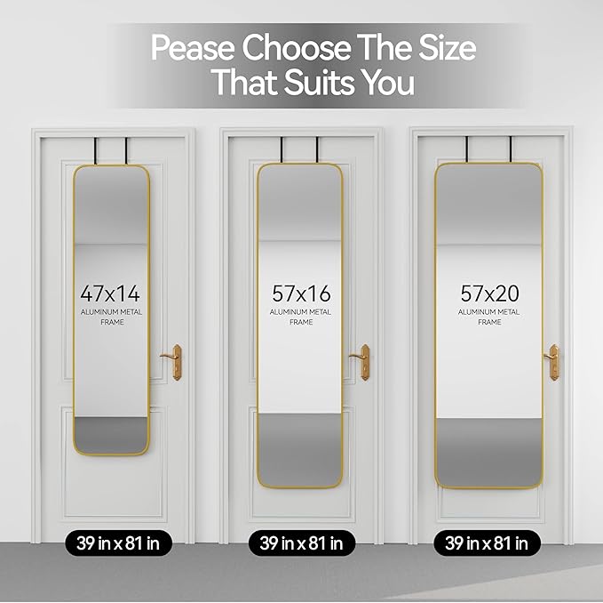 SCWF-GZ 57x20 Door Hanging Full Length Mirror, Floor Stand (Height 5.7ft just Body in1.3ft) Wall Mounted Metal Frame Rectangle Dressing Mirrors for Bedroom Room 57 inch Gold