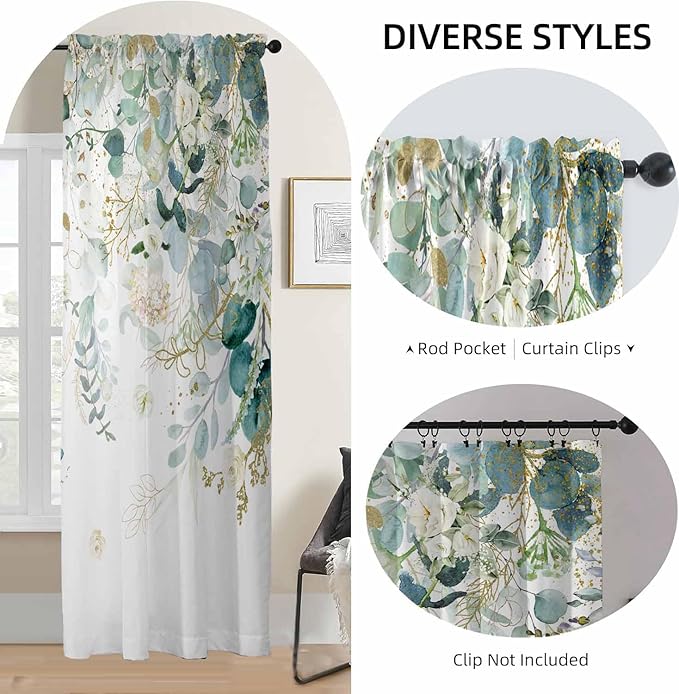 Gold Green Curtains 84 Inches Long Sage Green Leaves Light Filtering Curtain White Floral Drapes for Living Room Farmhouse Leaf Retro Elegant Window Curtains for Bedroom 2 Panels