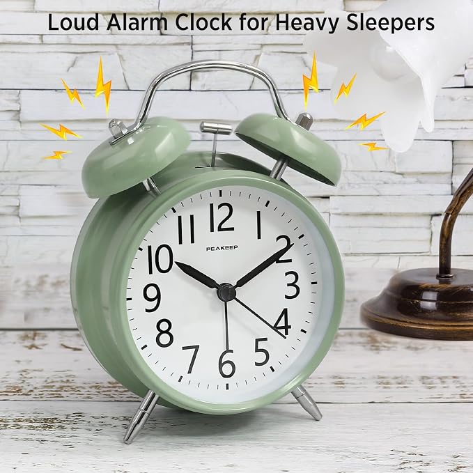Peakeep Loud Battery Alarm Clock for Heavy Sleepers Adults Kids | Analog 4.5" Twin Bell Old School Fashioned Style for Bedrooms Living Kids?€? Room Decor (Avocado Green) - Image 2
