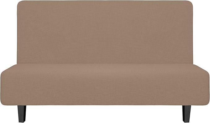 Easy-Going Stretch Futon Slipcover Armless Futon Bed Cover Furniture Protector Without Armrests with Elastic Bottom for Kids, Soft Jacquard Fabric Small Checks (Medium, Camel)