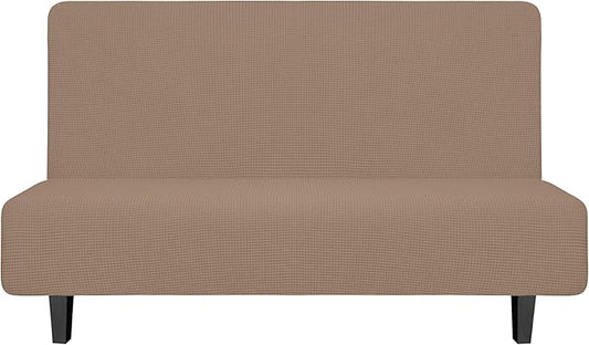 Easy-Going Stretch Futon Slipcover Armless Futon Bed Cover Furniture Protector Without Armrests with Elastic Bottom for Kids, Soft Jacquard Fabric Small Checks (Medium, Camel)