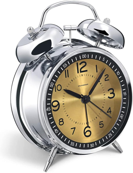 Peakeep Loud Alarm Clock for Heavy Sleepers Adults, Metal 4.5 Inches | Twin Bell Battery Operated Analog Alarm Clocks for Bedrooms Kids' Room Decoration (Golden) by PEAKEEP
