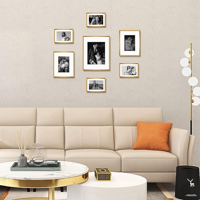 Frametory, Bronze Aluminum Picture Frame with Removable Mat - Set of 7 Includes Four 5x7, Two 8x10, One 11x14 - Real Glass Front - Simple Gallery Wall Frames for Art Prints and Posters