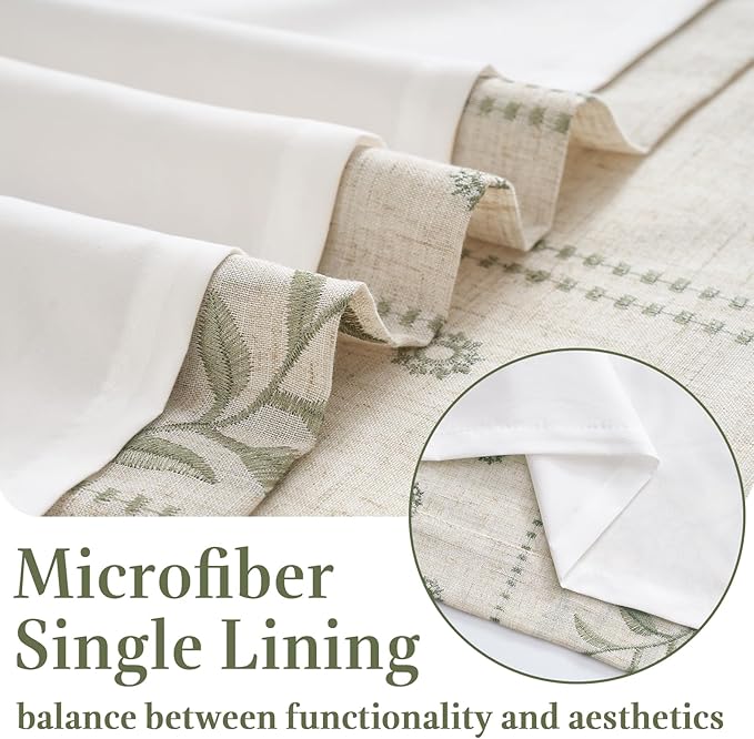 jinchan Winslow Lined Linen Curtains for Bedroom 63 Inches Linen Blended Embroidered Bordered Floral Curtains for Living Room Farmhouse Decor Window Treatments Sage on Beige Drapes 2 Panels