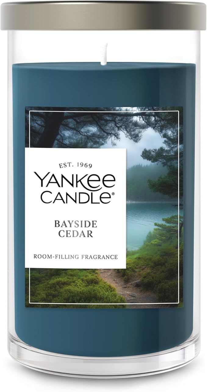 Yankee Candle Medium Pillar Scented Candle with up to 115 Hour Burn Time, Premium Plant Wax Blend for Consistent Burn, 14.25 oz Pillar Candle with Room Filling Fragrance, Bayside Cedar