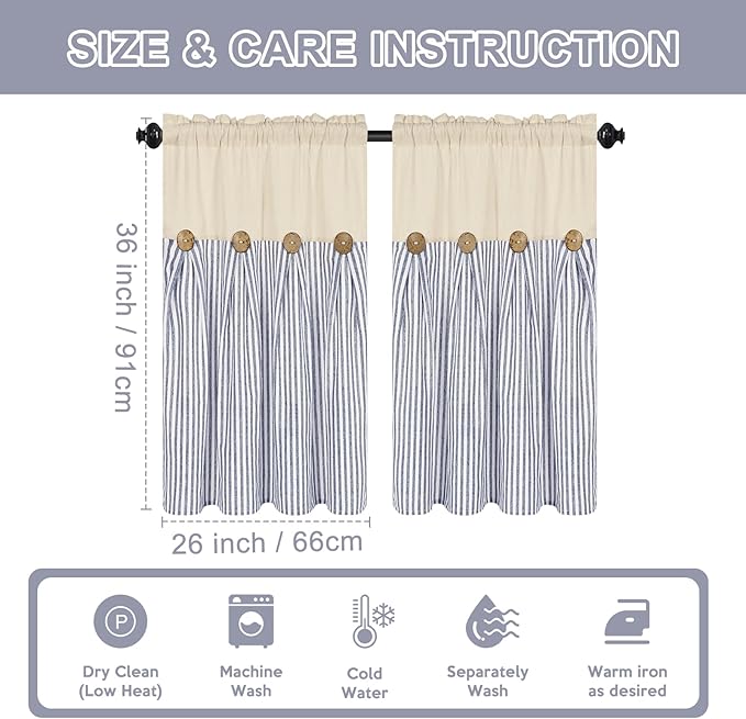 ASPMIZ Cotton Linen Farmhouse Kitchen Curtains, Boho Rustic Button Tier Curtains 36 Inch Lenth, Blue Stripe Short Rod Pocket Curtain for Small Window, Half Window Curtain for Kitchen, 2 Panels