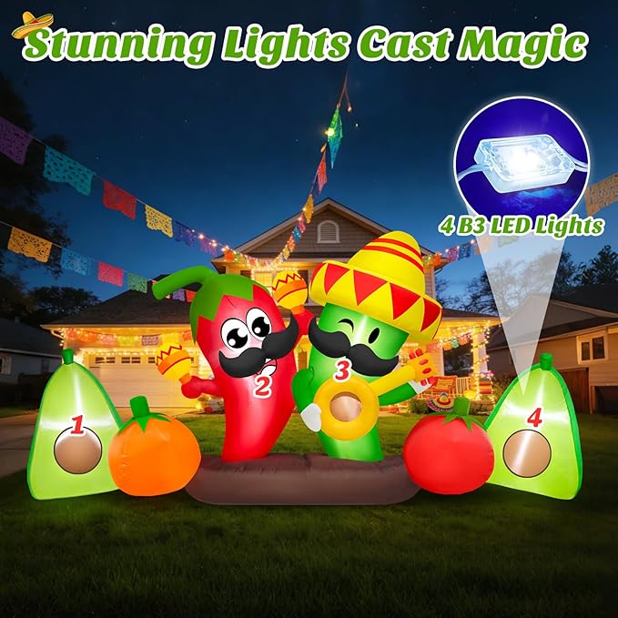 8 FT Long Cinco De Mayo Inflatable Chili Outdoor Decorations, Built-in LEDs Blow Up Hot Pepper with Taco Sombreros, Weatherproof Easy Set Up for May 5 Fiesta Mexican Party Indoor Yard Garden Lawn