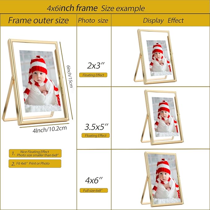 Gold 4x6 Floating Frame 2pack for picture(2x3'',3.5x5''),Adjustable Tabletop/Shelf floating Photo Frame 2x3'',Classy Metal Gift Frames for Wedding,Christmas,Birthady,Home or Office Decor.