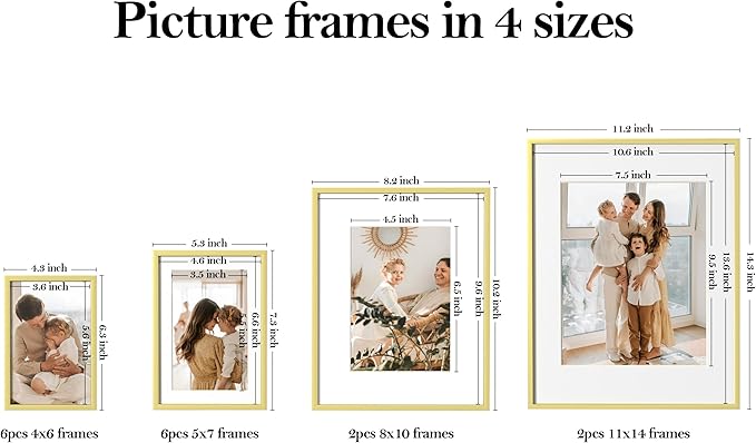 eletecpro Aluminum Gallery Wall Frame Set of 16, Including 2Pcs 11x14, 2Pcs 8x10, 6Pcs 5x7, 6Pcs 4x6 Photo Frames for Wall or Tabletop Display, Multiple Sizes Picture Frames Collage Wall Decor, Gold