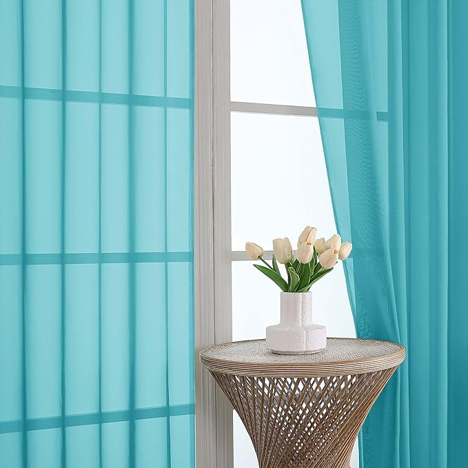 OWENIE Sheer Curtains 63 inch Length 2 Panels Set, Rod Pocket Voile Fimly Sheer Drapes for Living Room/Bedroom, 2pcs, Each 42" W x 63" L???Turquoise Blue