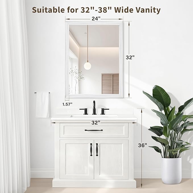 White Wood Effect Framed Wall Mirror, 24x32 Rectangle Mirror, Anti-desilvering Tempered Glass, Sustainable& Sturdy Frame, Farmhouse Mirror, Anti-Rust, 3min Fast Setup for Bathroom Living Room