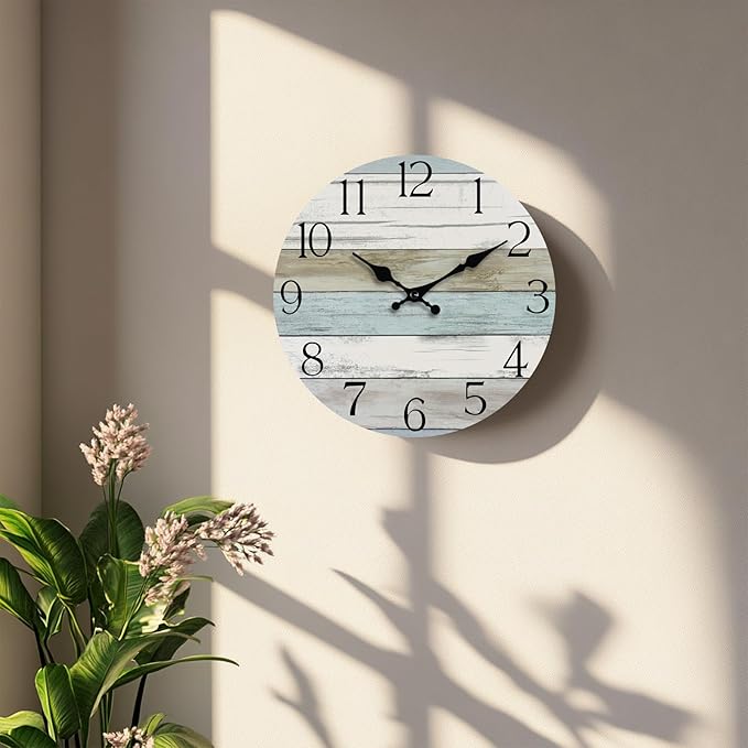 HYLANDA Wall Clock, 14 Inch Wall Clocks Battery Operated Silent Non Ticking, Large Wooden Clocks Decorative for Kitchen, Bathroom, Bedroom, Living Room Blue White