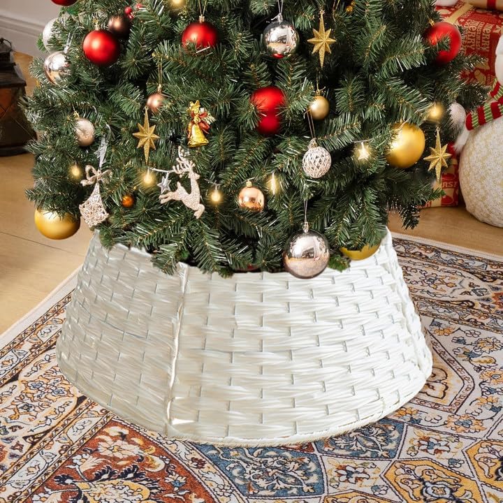 belupai Wicker Christmas Tree Skirts Collar Rings, Artificial Rattan Christmas Tree Skirt Stand Farmhouse Xmas Tree Collar for Artificial Christmas Trees Decoration(White,S) - Image 3