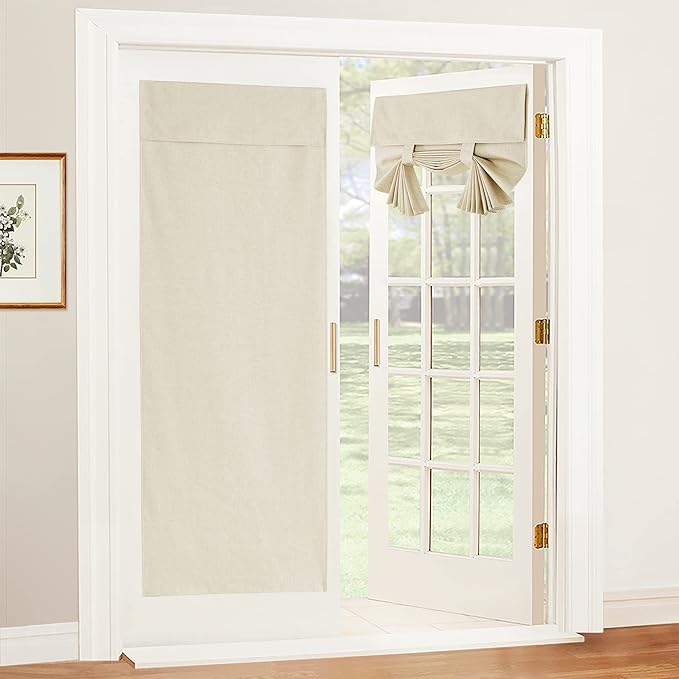 RYB HOME 100% Blackout Tricia Door Curtains, Linen Textured Blend Thermal Insulating Privacy French Door Window Tie Up Shades Living Room Curtains for Kitchen, W 30 x L 80 inches, Beige, 1 Panel