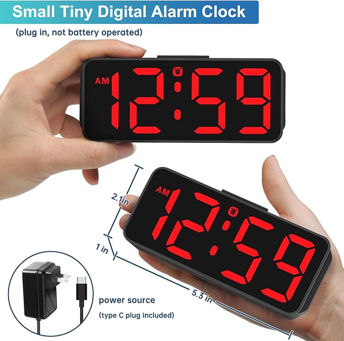 Peakeep Small Digital Alarm Clock for Bedroom, Large Number, Battery Backup | Plug-in Tiny Electric Clock Brightness Dimmable for Bedsise Desk Table Small Spaces, 5 Volume, Easy to Set, Adapter Included - Image 2