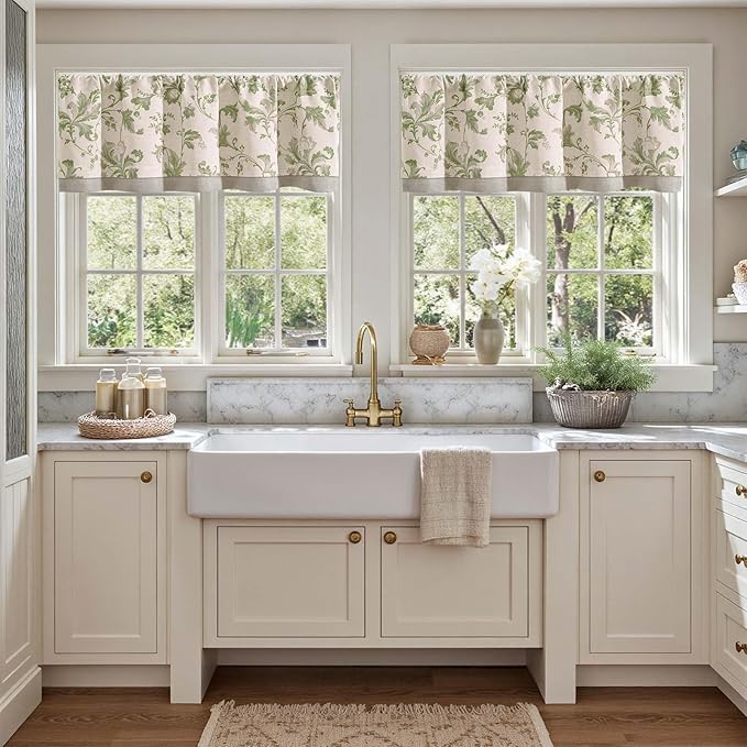jinchan Linen Valance Curtain Farmhouse Window Decor Floral Print for Kitchen Living Room Double Layer Blackout Valance 16 Inches Rustic Window Treatment 1 Panel Rod Pocket Green on Beige