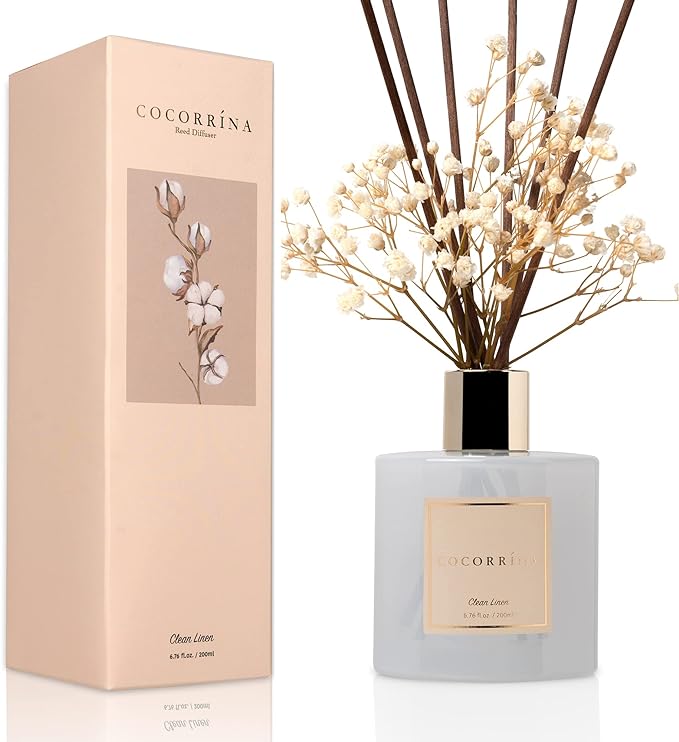 Cocorr??na Reed Diffuser Set, Clean Linen 6.7 fl oz Scented Diffuser with Sticks Home Fragrance Reed Diffuser for Bathroom Shelf Decor