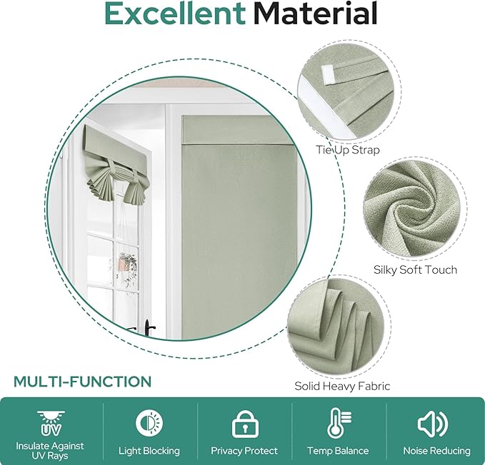 HOMEIDEAS 100% Linen Blackout French Door Curtains, Privacy Small Door Window Curtains, 26 X 20 Inch Shades for Front Window, Thermal Insulated Covering, 1 Panel, Sage Green