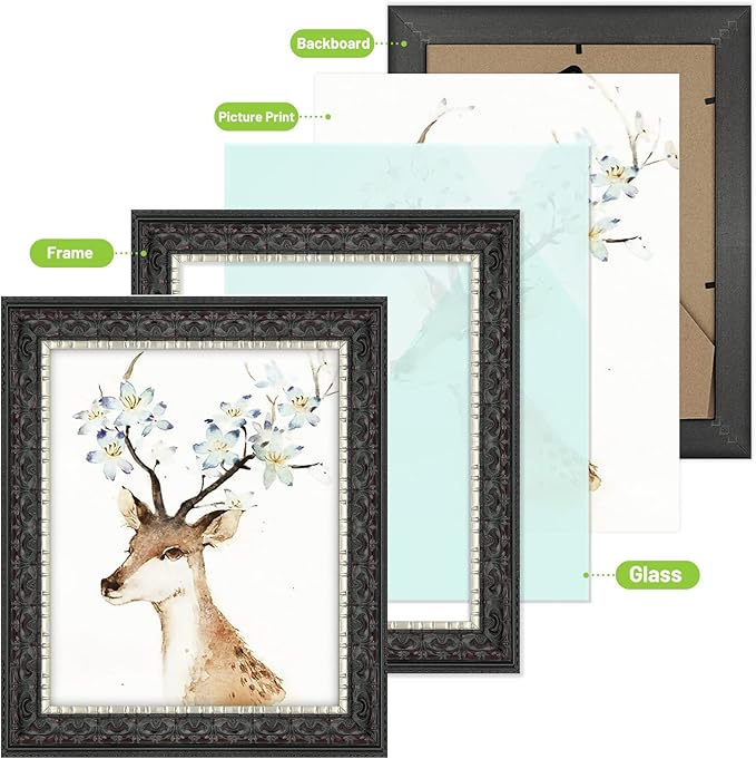 Golden State Art, 8X10 Ornate Finish Photo Frame, Black with Silver & Burgundy Color, Real Glass